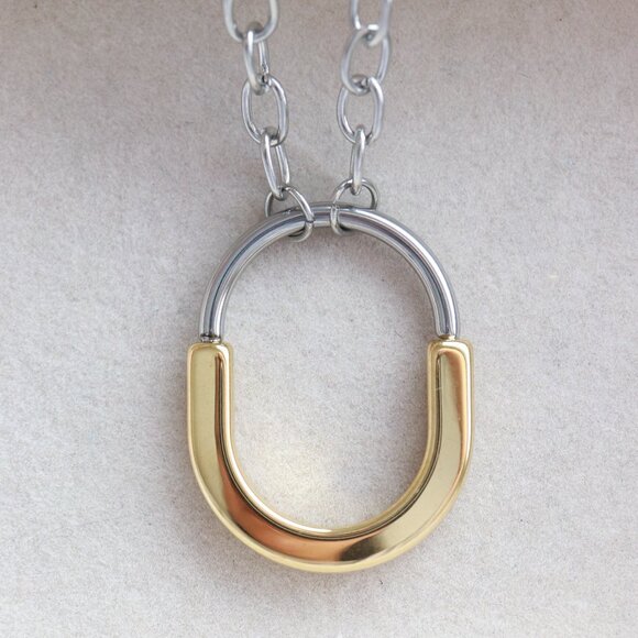Jewelry - 2-Tone Lock Style Design Pendant Necklace Stainless Steel